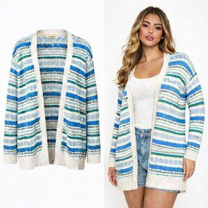 WoolOvers | Blue Green Crochet Stripe Open Cardigan | 100% Cotton | XL | NWT